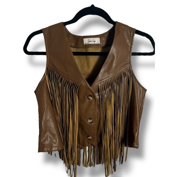 NWT Sadie & Sage Brown Faux Leather Fringe Vest | Western Boho Size Small - Picture 2 of 8